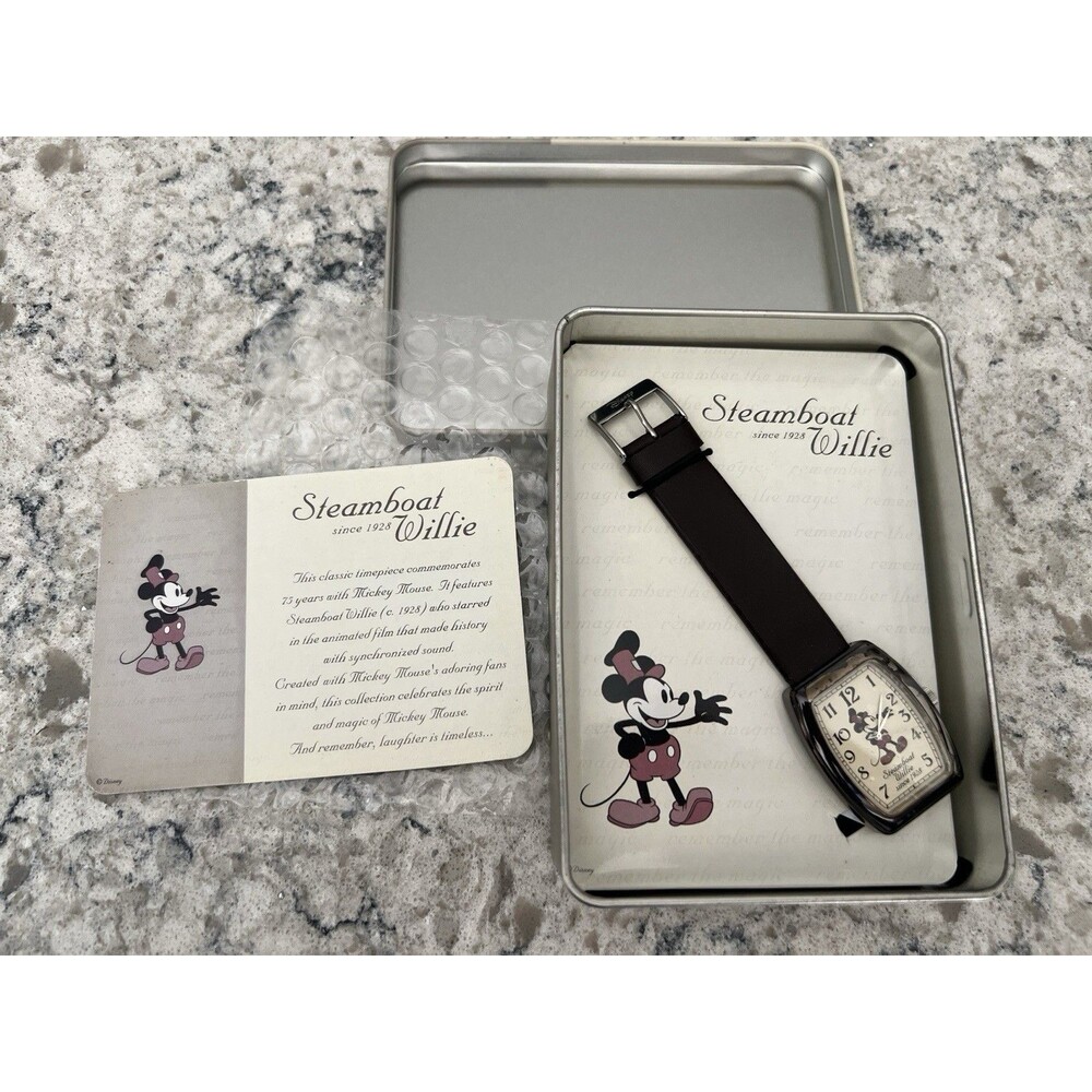 Walt Disney Steamboat Willie Watch Quartz Mickey Mouse NEW w/ Metal Box & Paper.